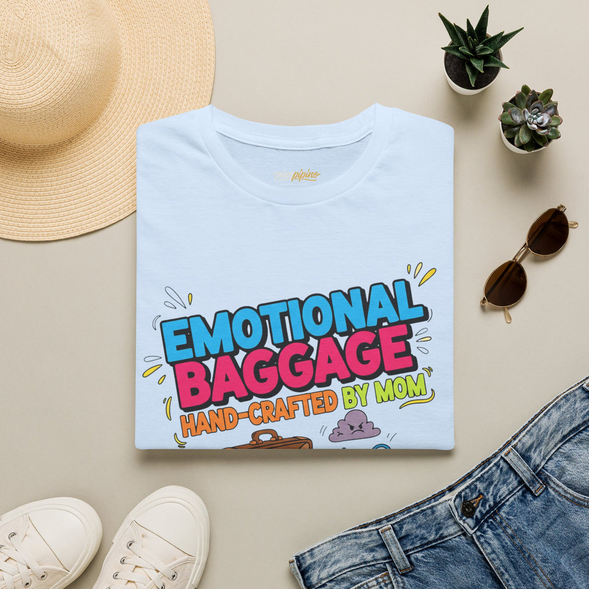"Emotional Baggage T-Shirt — Hand-Crafted by Mom" Cute Cartoon Luggage Tee