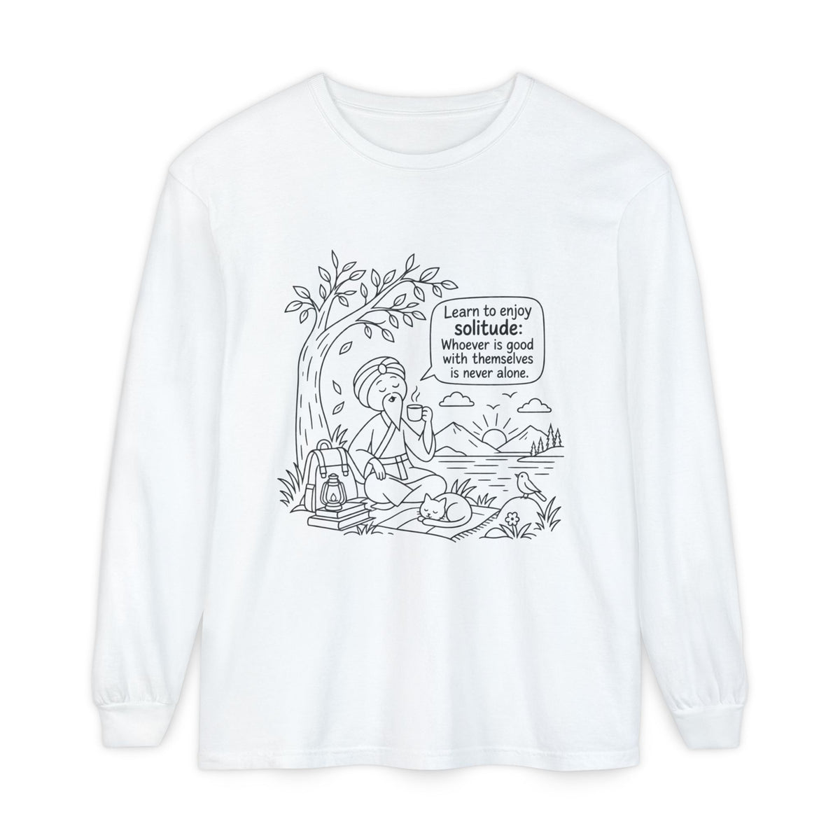 Long Sleeve T-Shirt — "Learn to Enjoy Solitude" Outdoor Meditation Graphic