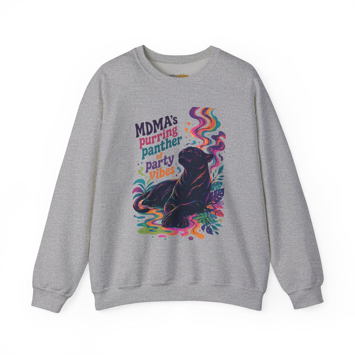 "MDMA's Purring Panther Party Vibes" - Psychedelic Black Panther Crewneck Sweatshirt