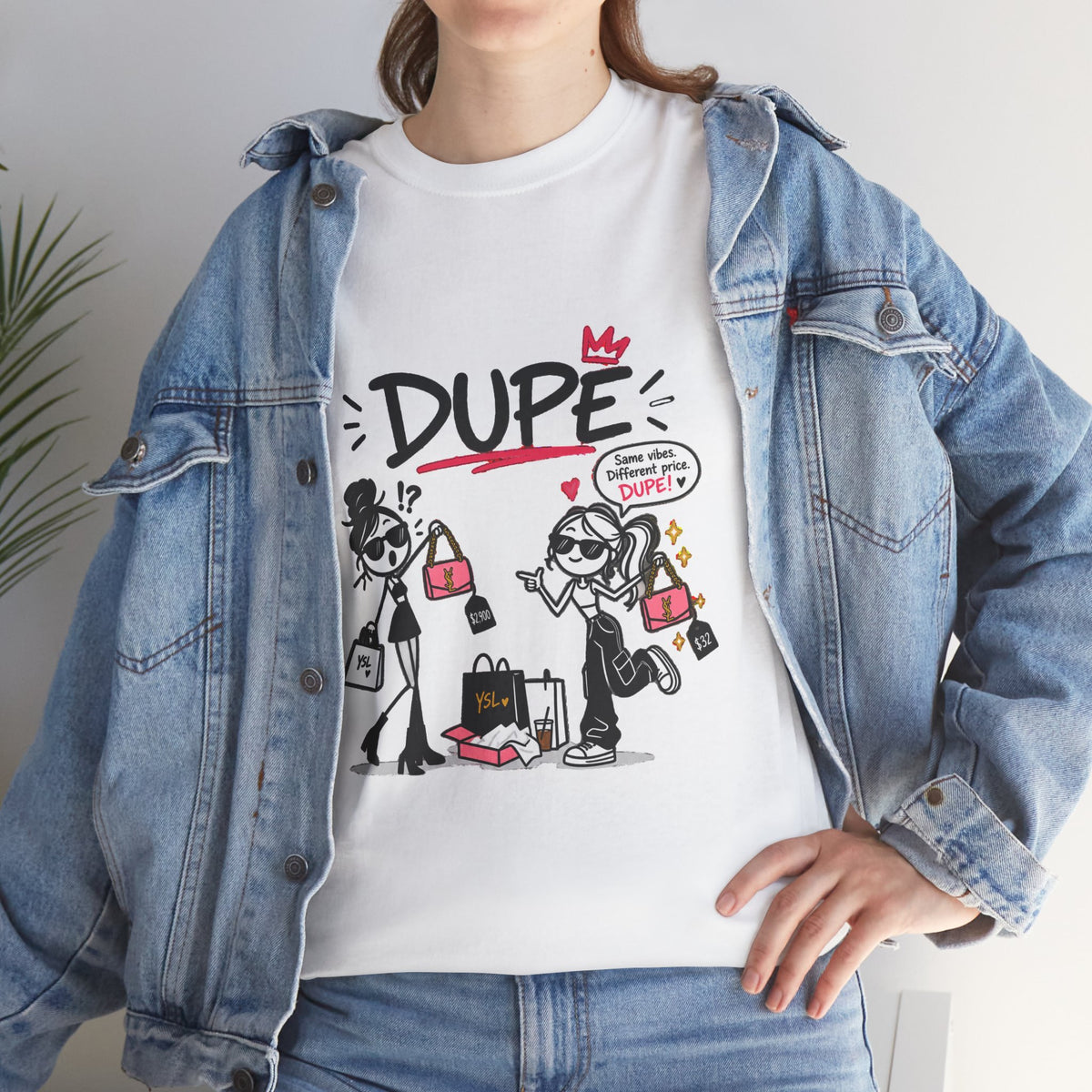"Dupe" Shopping Cartoon Tee — Funny Gen Z Slang