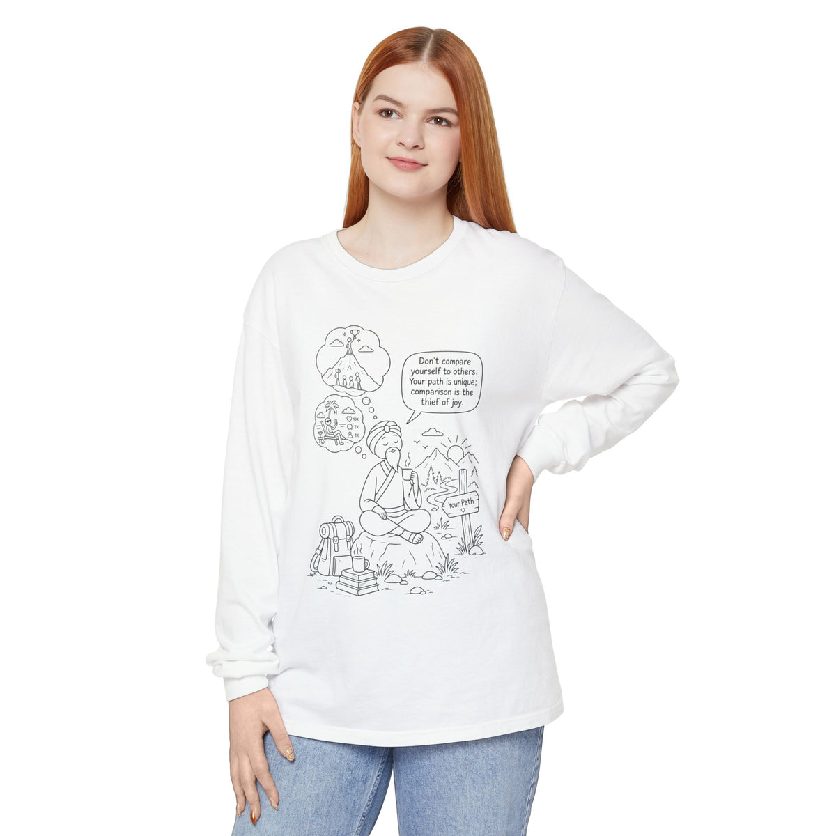 Hiker Comic Long Sleeve Tee — "Don’t Compare Yourself" Inspirational Outdoor Shirt