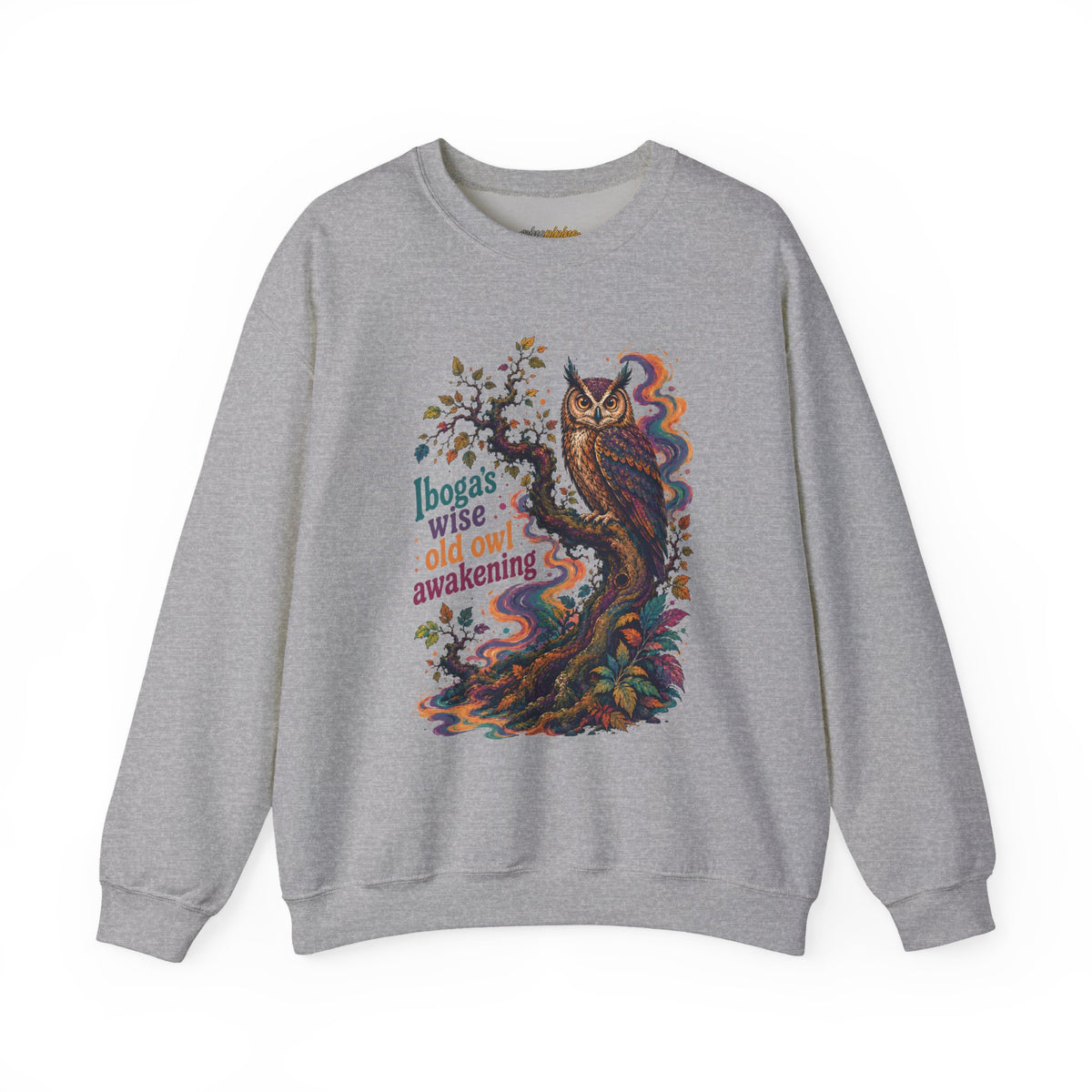 "Ibogas wise old owl awakening" Psychedelic Retro Boho GraphicCrewneck Sweatshirt