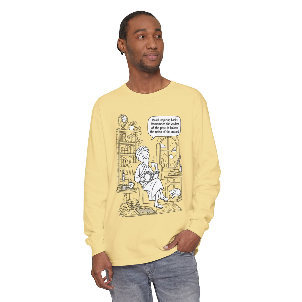 “Read inspiring books…” - Long Sleeve T‑Shirt — Cozy Reading Nook Design