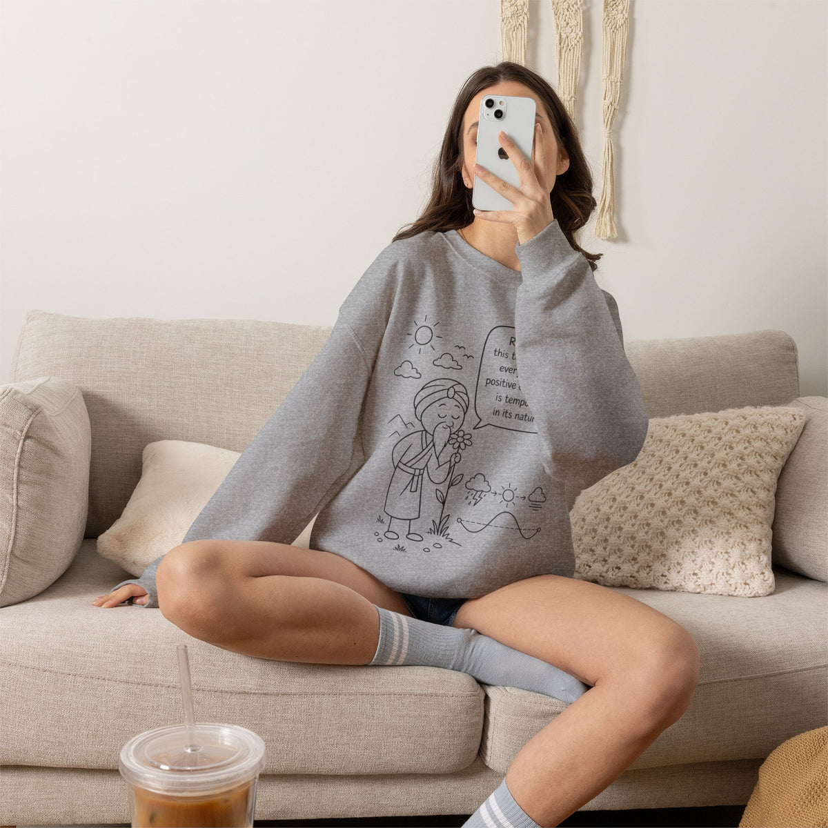 Inspirational Quote Crewneck Sweatshirt — "Remember this too shall pass" Minimal Line Art