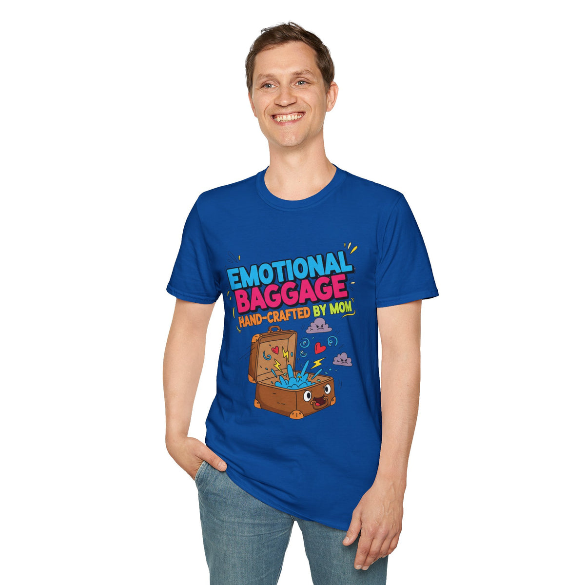 "Emotional Baggage T-Shirt — Hand-Crafted by Mom" Cute Cartoon Luggage Tee