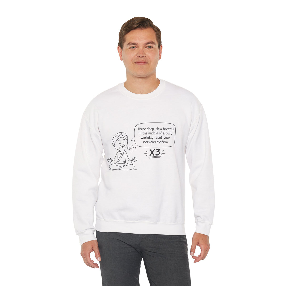 Cute Meditation Cartoon with Breathing Reminder "Three deep, slow breaths...) -Crewneck Sweatshirt