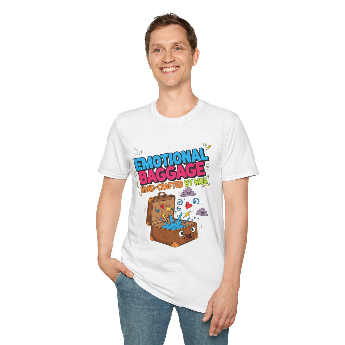 "Emotional Baggage T-Shirt — Hand-Crafted by Mom" Cute Cartoon Luggage Tee