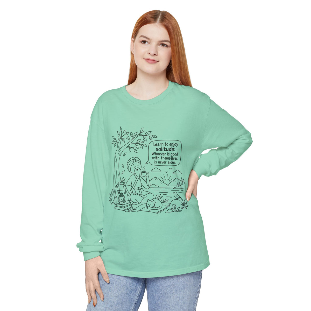 Long Sleeve T-Shirt — "Learn to Enjoy Solitude" Outdoor Meditation Graphic