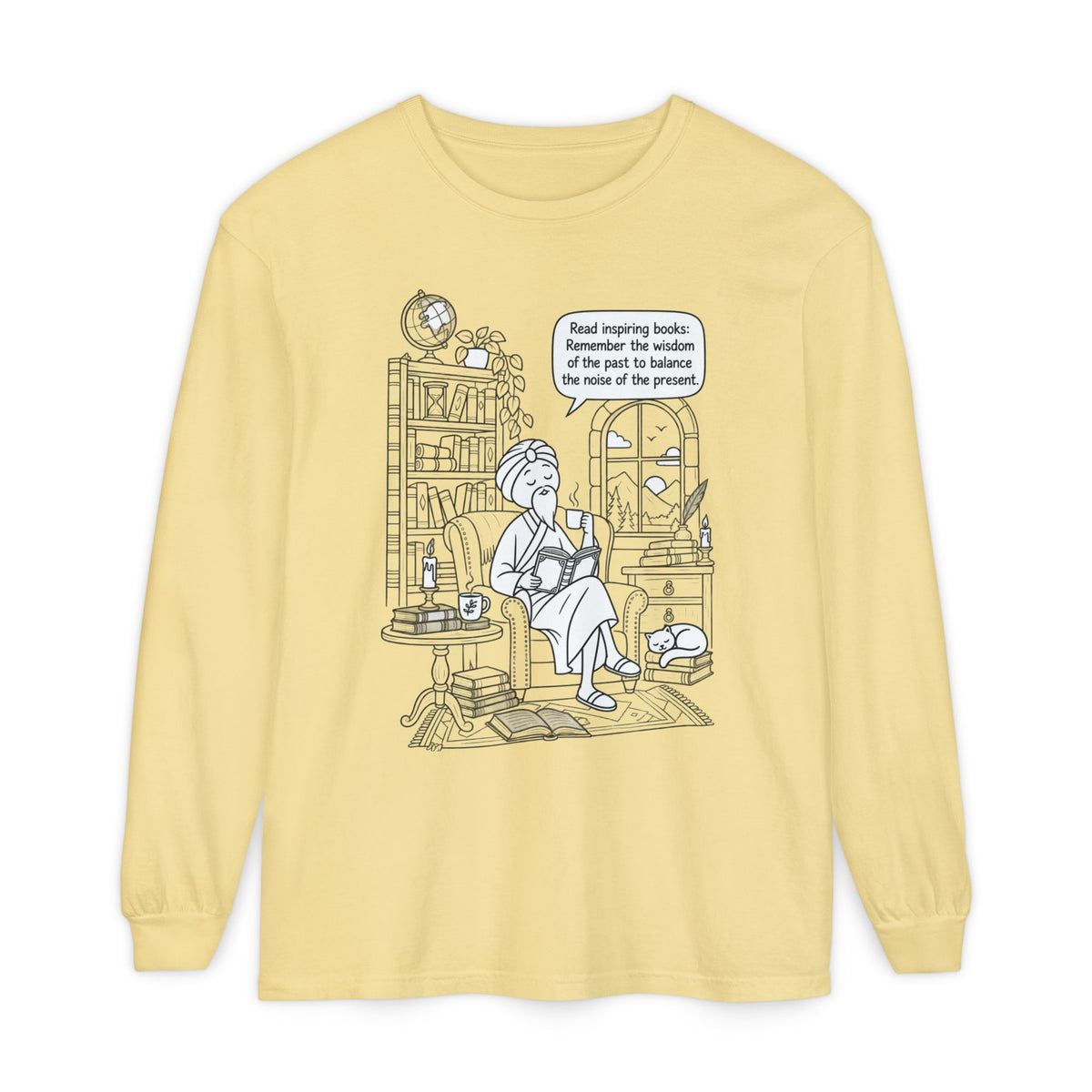 “Read inspiring books…” - Long Sleeve T‑Shirt — Cozy Reading Nook Design
