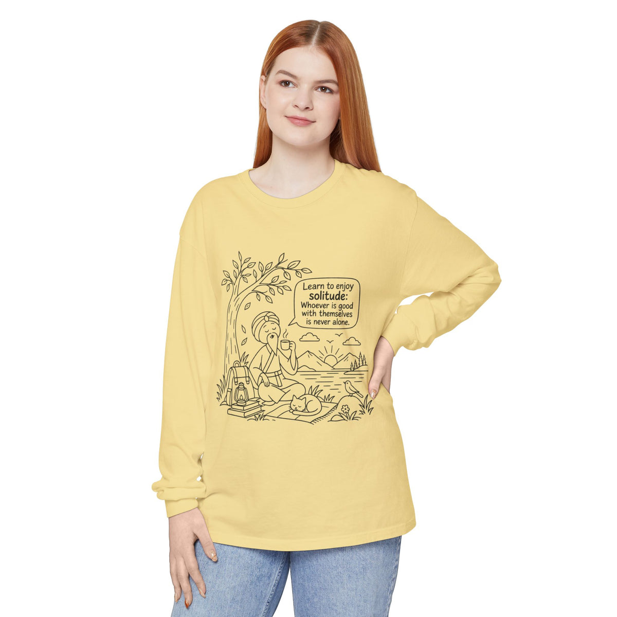Long Sleeve T-Shirt — "Learn to Enjoy Solitude" Outdoor Meditation Graphic