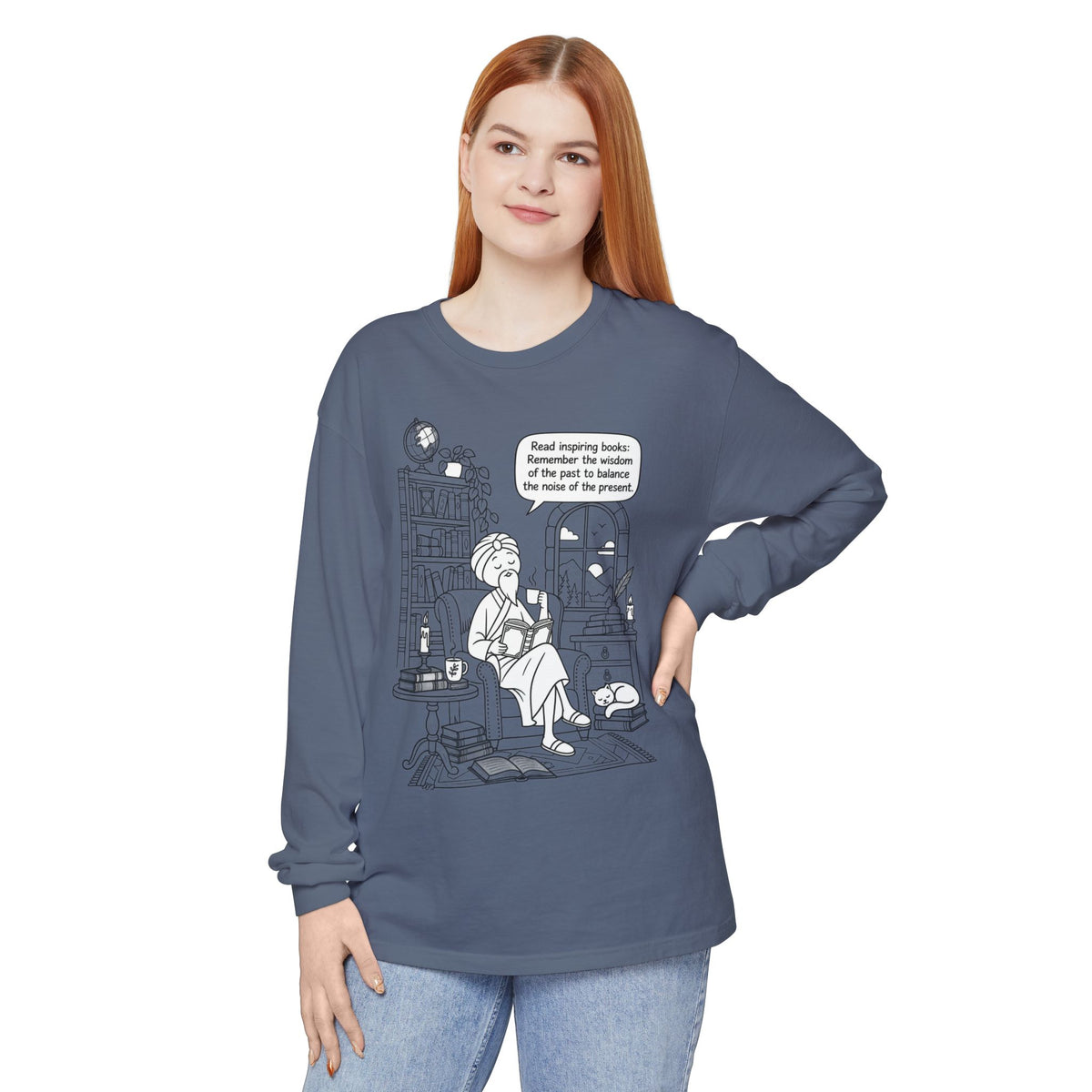 “Read inspiring books…” - Long Sleeve T‑Shirt — Cozy Reading Nook Design