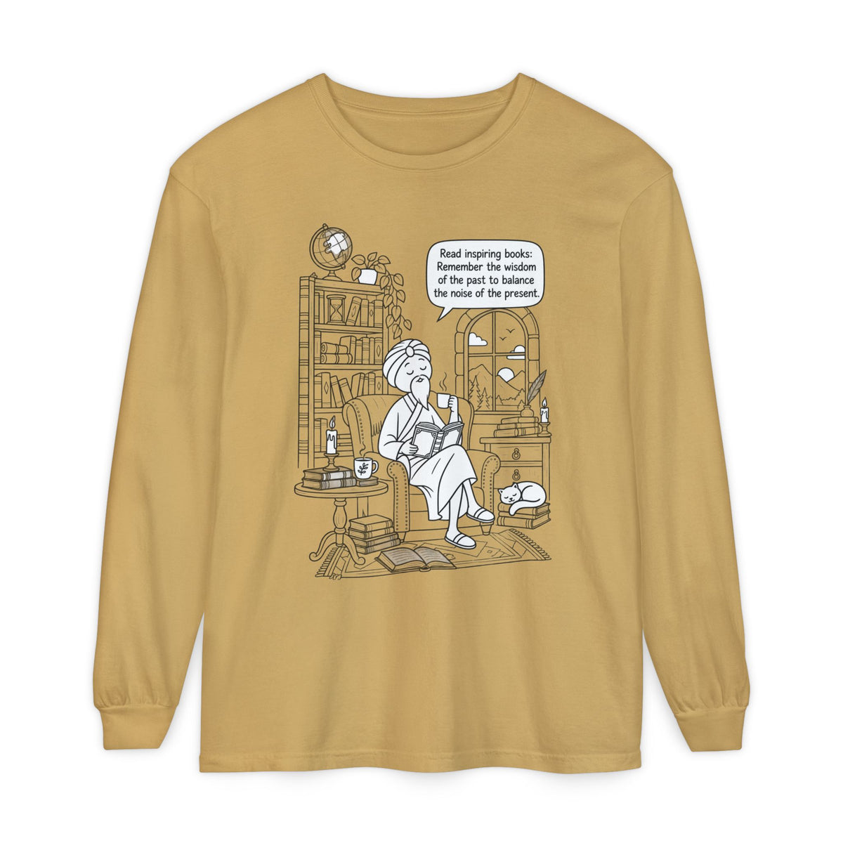 “Read inspiring books…” - Long Sleeve T‑Shirt — Cozy Reading Nook Design