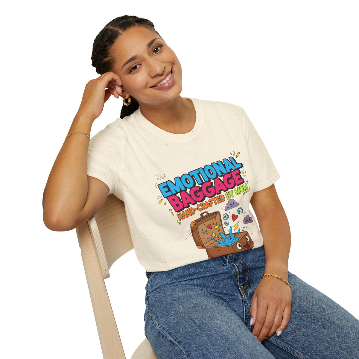 "Emotional Baggage T-Shirt — Hand-Crafted by Mom" Cute Cartoon Luggage Tee