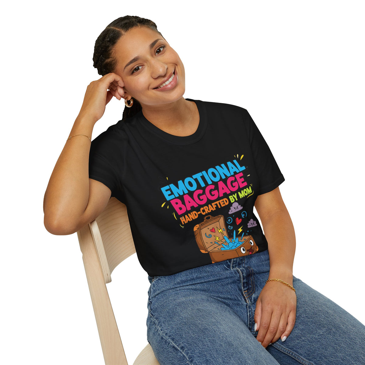 "Emotional Baggage T-Shirt — Hand-Crafted by Mom" Cute Cartoon Luggage Tee
