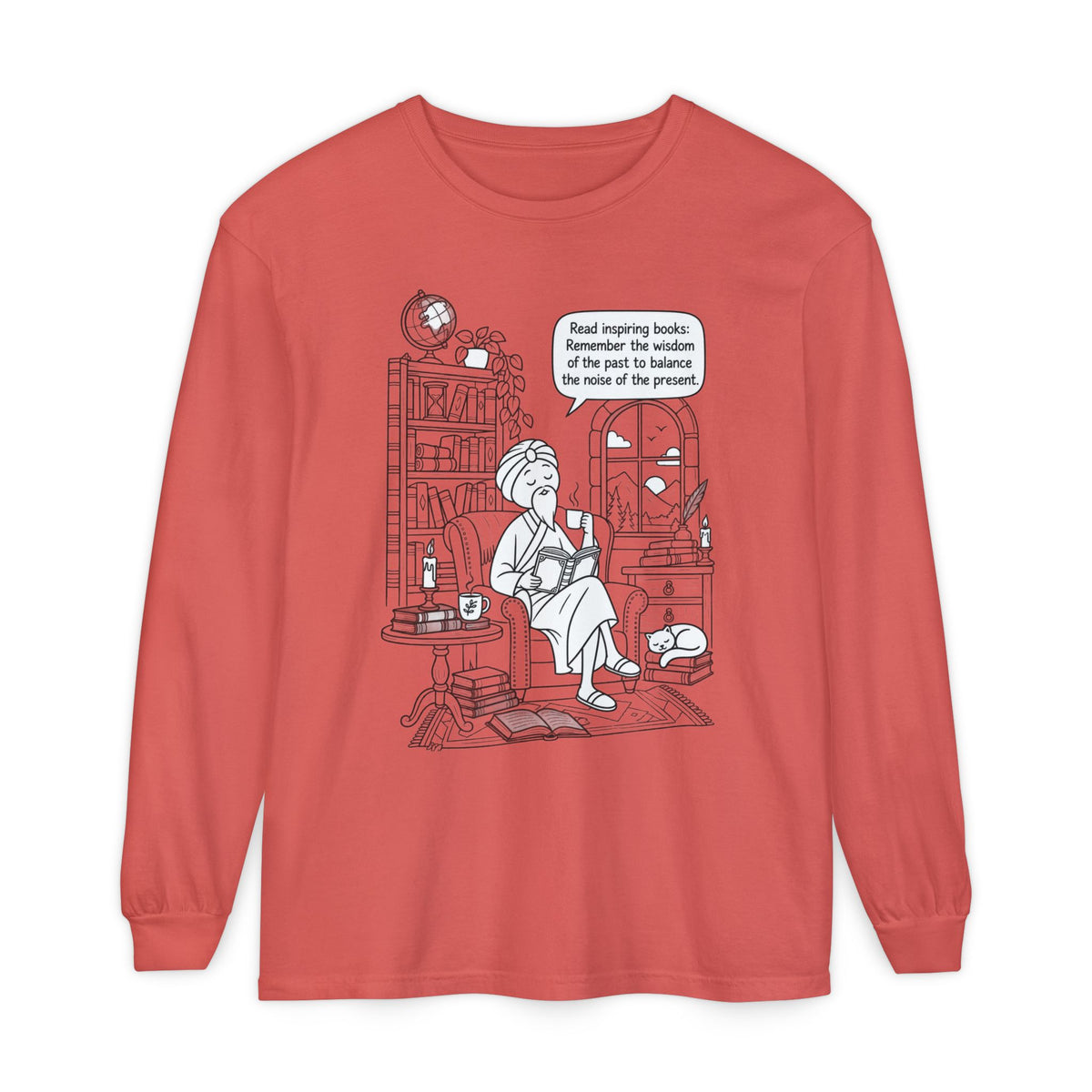 “Read inspiring books…” - Long Sleeve T‑Shirt — Cozy Reading Nook Design