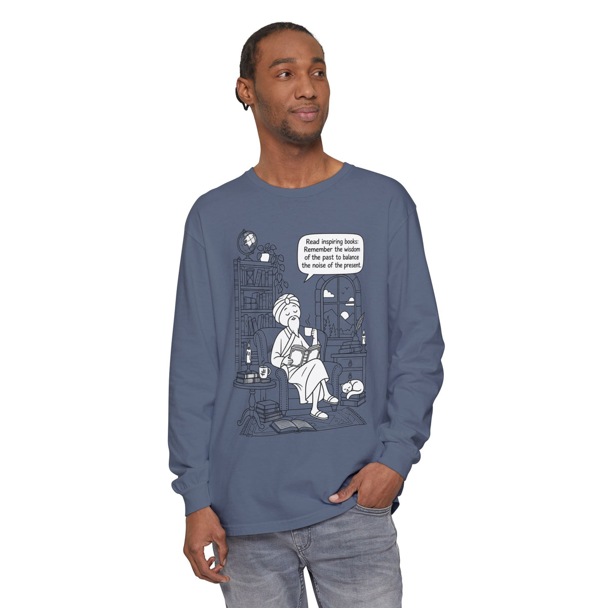 “Read inspiring books…” - Long Sleeve T‑Shirt — Cozy Reading Nook Design