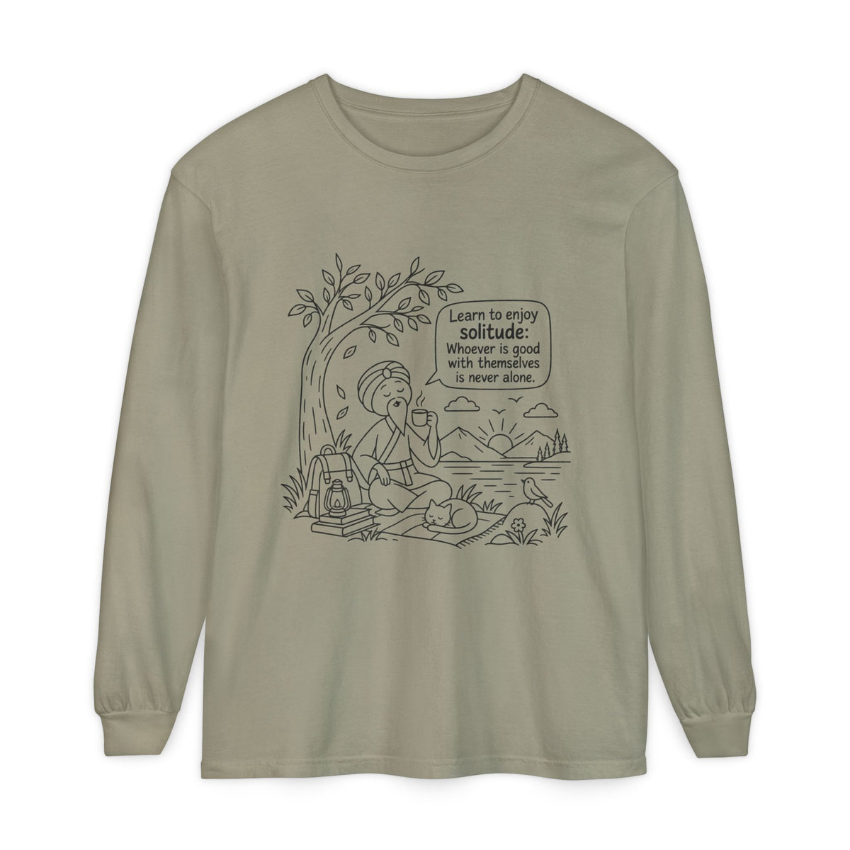 Long Sleeve T-Shirt — "Learn to Enjoy Solitude" Outdoor Meditation Graphic