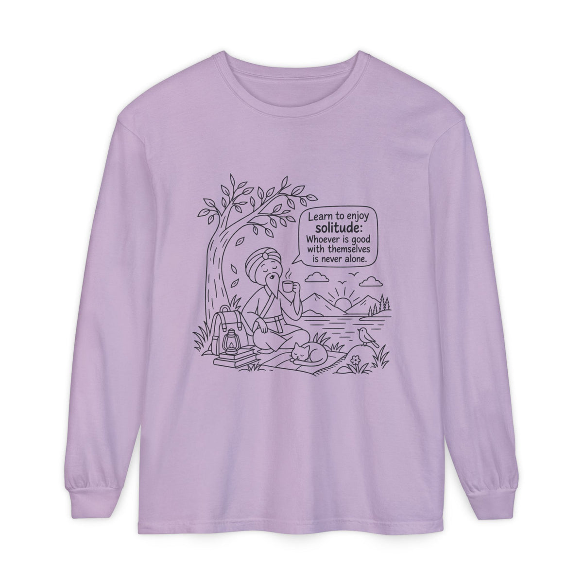 Long Sleeve T-Shirt — "Learn to Enjoy Solitude" Outdoor Meditation Graphic