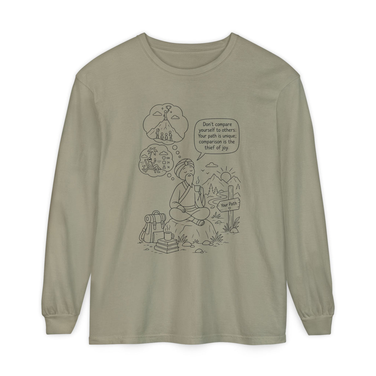 Hiker Comic Long Sleeve Tee — "Don’t Compare Yourself" Inspirational Outdoor Shirt