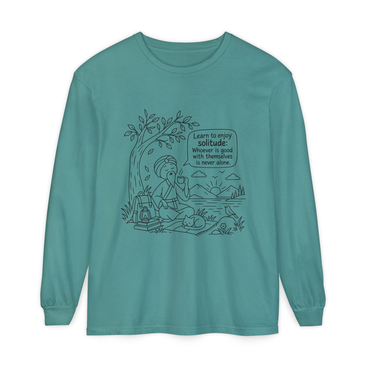 Long Sleeve T-Shirt — "Learn to Enjoy Solitude" Outdoor Meditation Graphic