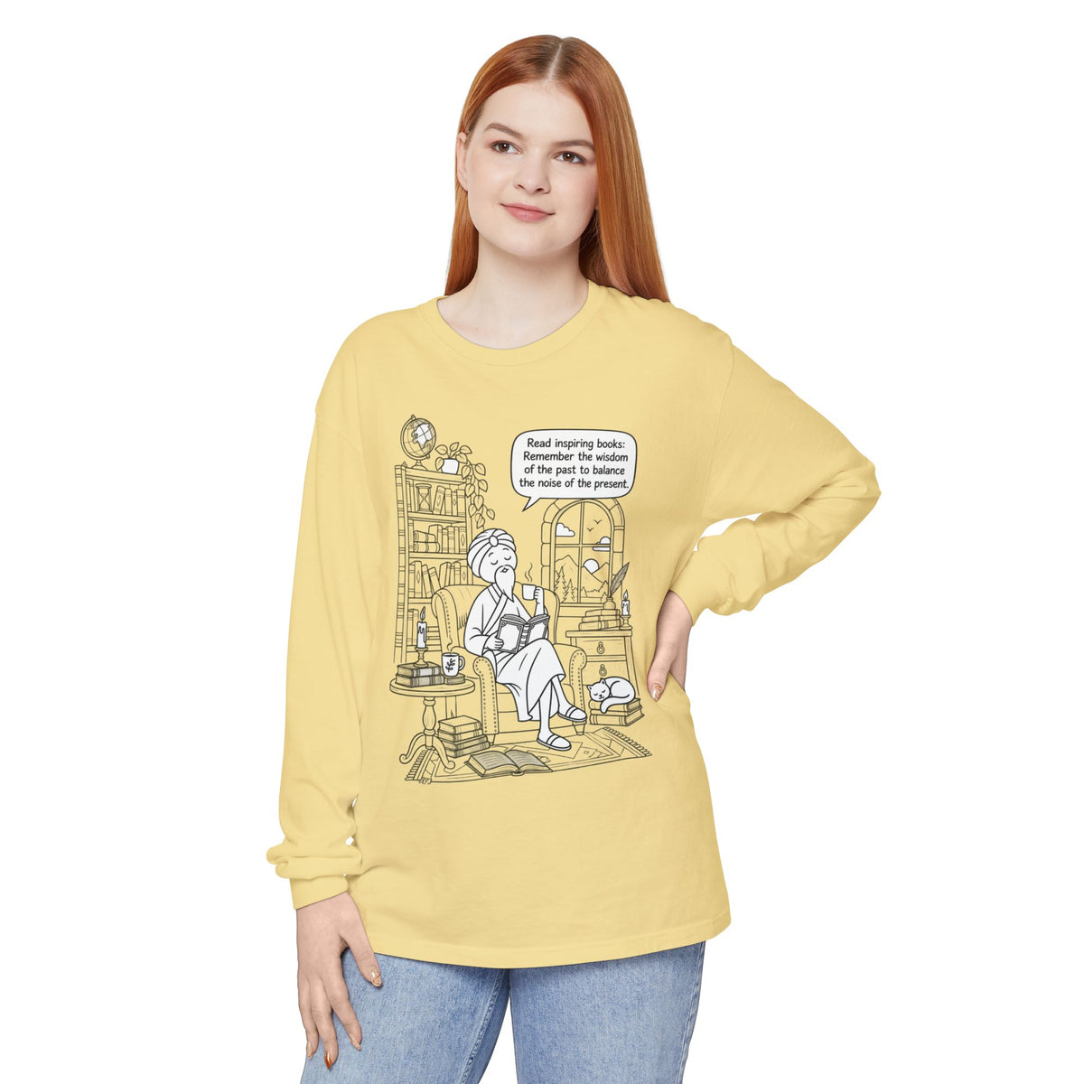 “Read inspiring books…” - Long Sleeve T‑Shirt — Cozy Reading Nook Design