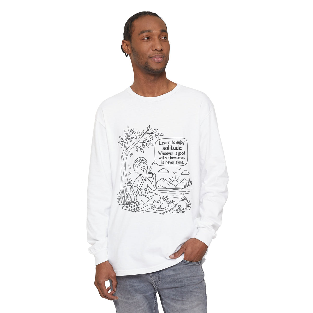 Long Sleeve T-Shirt — "Learn to Enjoy Solitude" Outdoor Meditation Graphic