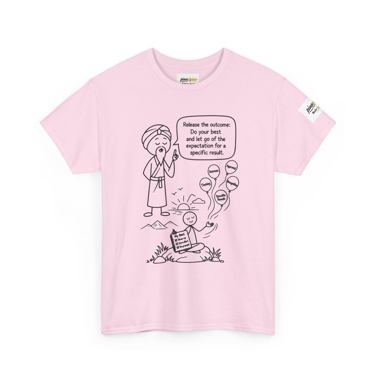 Spiritual Tee — “Release the Outcome” Cartoon Graphic T-Shirt