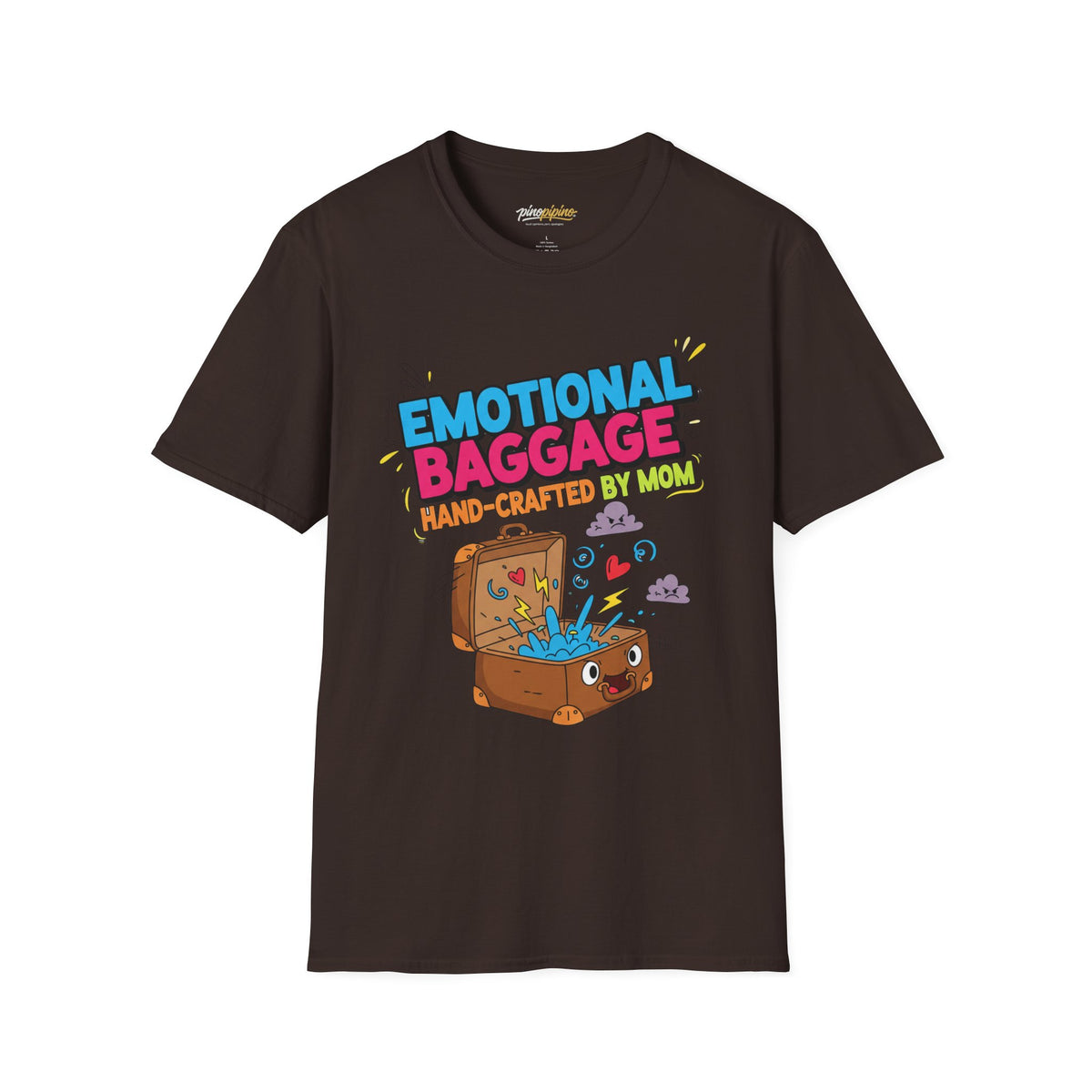 "Emotional Baggage T-Shirt — Hand-Crafted by Mom" Cute Cartoon Luggage Tee