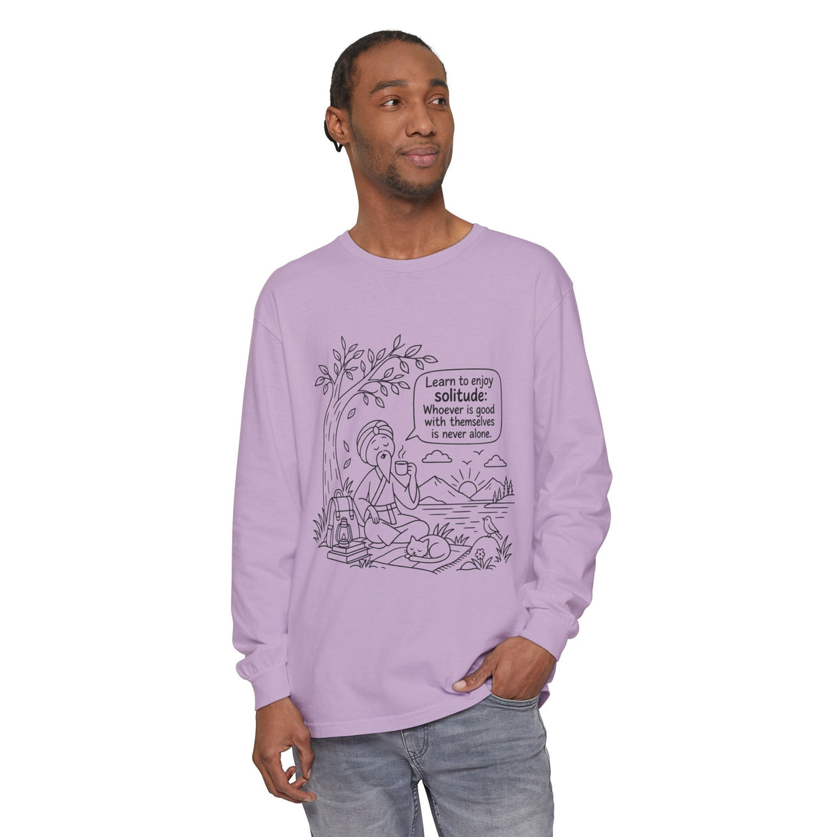 Long Sleeve T-Shirt — "Learn to Enjoy Solitude" Outdoor Meditation Graphic
